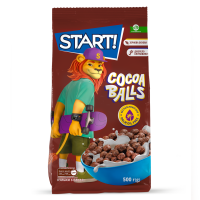 Сніданки сухі Start! Cocoa balls зернові 500г. Склад: крупа кукурудзяна 37.1%, цукор, пшениця 25.8%, какао-порошок зі зниженим вмістом жиру 6.3%, сироп глюкозно-фруктозний, олія соняшникова високоолеї