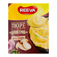 Пюре картопляне Reeva Білий гриб швидкого приготування 40г. Склад: пластівці картопляні 74.1% (картопля сушена (99%), емульгатор Е471, стабілізатор Е450, регулятор кислотності - лимонна кислота, антио