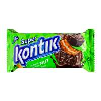 Печиво-сендвіч Konti Super Kontik зі смаком горіха 90г. Склад: борошно пшеничне першого сорту, цукор, замінник какао масла нетемперований лауринового типу (гідрогенізоване пальмове масло, емульгатори: