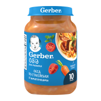 Пюре овоче-м`ясне Gerber Обід по-італійськи зі шматочками стерилізоване для дітей від 10-ти місяців 190г. Склад: вода питна, морква 9.2%, яловичина 8.1%, пастернак, макаронні вироби 5.4% (борошно пшен