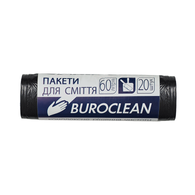 Пакети для сміття 60л20шт, 580*650мм, чорні, 7мкм ПНТ (HDPE), BUROCLEAN ECO