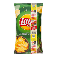 Lay`s Чипси картопляні Зелена цибуля 120г. Склад: картопля, олії (ріпакова, соняшникова у змінних пропорціях, антиоксиданти (екстракти розмарину, аскорбінова кислота, багатий токоферолом екстракт, лим