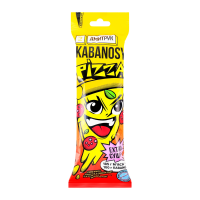 Снеки м`ясні Дмитрук Kabanosy Pizza із м`ясом птиці варено-копчені 60г. Склад: м`ясна сировина - 97% (м`ясо птиці, свинина знежилована напівжирна), крохмаль, клітковина вівсяна, смак піца (сіль нітрит