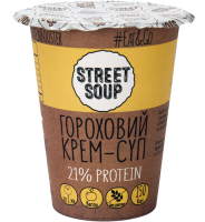 Крем-суп Street Soup Гороховий 50г. Склад: сухе горохове пюре (93%), морська сіль, часник сухий, кріп сухий, куркума. Калорійність в 100г продукту: 306 ккал. Харчова (поживна) цінність у 100г продукту