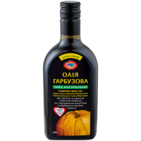 Олія гарбузова Golden Kings of Ukraine Extra Virgin нерафінована 0.35л. Склад: олія гарбузова. Без ГМО. Енергетична цінність продукту: 3692кДж/100г, 898ккал/100г. Поживна (харчова) цінність продукту: