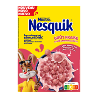 Сніданок сухий Nesquik Strawberry готовий з вітамінами та залізом 310г. Склад: борошно з цільнозернової пшениці 52.2% (містить глютен), цукор, борошно рисове 18%, борошно пшеничне 10.1% (містить глюте