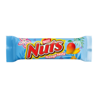 Батончик Nuts зі смаком манго 42г. Склад: цукор, глюкозний сироп, рослинні жири (олія пальмова, олія ши), лісові горіхи обсмажені цілі (11.2%), вода питна, молоко згущене з цукром (молоко знежирене, ц