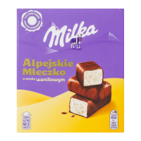 Цукерки Milka Alpejskie mleczko глазуровані молочним шоколадом зі збивним корпусом зі смаком ванілі 330г. Склад: цукор, молоко відновлене знежирене, сироп глюкозний, жири рослинні (пальмовий, ши), как