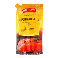 Майонез Щедро Провансаль 67% 300г. Склад: олія соняшникова рафінована дезодорована, вода питна, цукор, жовток яєчний ферментований рідкий (2.2%), оцет спиртовий, сіль кухонна, жовток яєчний сухий (0.5