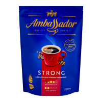 Кава Ambassador Strong натуральна розчинна сублімована 200г. Склад: кава натуральна розчинна сублімована. Рекомендовані способи застосування/вживання: покласти в чашку 1-2 чайні ложки кави. Додати гар