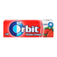 Orbit Гумка жувальна Лісова суниця без цукру з підсолоджувачами 14г. Склад: підсолоджувач ксиліт Е967, підсолоджувач сорбіт Е420, гумова основа, загущувач Е414, вологоутримуючий агент Е422, емульгатор