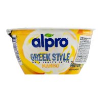Продукт соєвий Alpro Грецький стиль ферментований з манго 150г. Склад: вода питна, боби соєві очищені (12.6%), суміш манго-пасифлора 10% (манго 6.1%, сік пасифлори з концентрату 3.9%), цукор, стабіліз