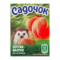 Садочок Сік Персик-яблуко з м`якоттю пастеризований 0.2л. Склад: вода питна підготовлена, пюре фруктові відновлені (персикове пюре - 21.8%, яблучне пюре - 18.5%), глюкозно-фруктозний сироп, цукор, рег