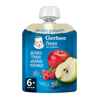 Пюре фруктове Gerber Яблуко-груша-малина-чорниця пастеризоване вітамінізоване для дітей від 6-ти місяців 90г. Склад: пюре з яблук 55%, пюре з груш 30%, пюре з малини 10%, пюре з чорниці 5%, вітамін С.