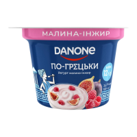 Йогурт Danone По-грецьки Малина-інжир з наповнювачем 3.5% 150г. Склад: молоко нормалізоване, наповнювач Малина-інжир 12% (цукор, інжир 22%, сироп цукровий (цукор, вода питна), пюре малинове 5%, вода п