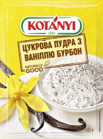 Пудра Kotanyi цукрова з ваніллю бурбон 10г. Склад: цукрова пудра, ваніль бурбон мелена, екстракт ванілі бурбон. Калорійність в 100г продукту: 395 ккал. Харчова (поживна) цінність у 100г продукту: Білк