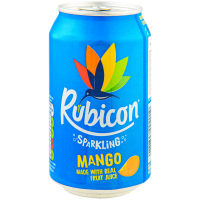 Напій безалкогольний низькокалорійний сильногазований Rubicon зі смаком Манго з цукром та підсолоджувачем. Склад: вода, пюре манго (8%), цукор, кислота: яблучна кислота, стабілізатори (геланова камедь