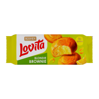 Печиво Roshen Lovita Blondie brownie здобне з лимоном 152г. Склад: борошно пшеничне, негідрогенізована пальмова олія, цукор, меланж яєчний, вологоутримуючий агент гліцерин, глюкозно-фруктозний сироп,