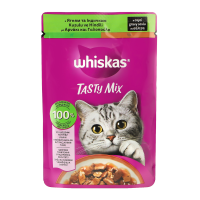 Корм вологий Whiskas TastyMix з ягням та індичкою в соусі для дорослих котів 85г. Склад: м`ясо та продукти тваринного походження (34%, включаючи 4% ягняти та 4% індички в шматочках), олії та жири, про