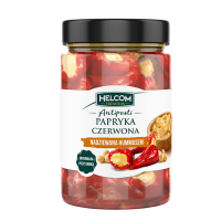 Helcom Перец червоний середньої гостроти фарширований хумусом в олії 0.327л. Пастеризований продукт. Без лактози*. * Порівняно з аналогічними продуктами з сирною начинкою, доступними на ринку. Дата (к