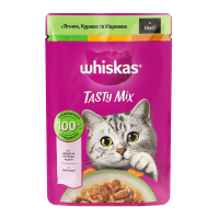 Корм вологий Whiskas TastyMix з ягням куркою та морквою в соусі для дорослих котів 85г. Склад: мясо та продукти тваринного походження (34%, включаючи 4% ягняти та 4% курятини в шматочках), злаки, прод