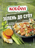 Зелень Kotányi нарізана до супу 18г. Склад: пастернак, морква, селера, цибуля-порей, любисток, петрушка. Калорійність в 100г продукту: 273 ккал. Харчова (поживна) цінність у 100г продукту: Білки - 12г