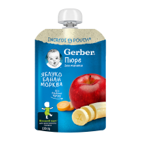 Пюре фруктово-овочеве Gerber Яблуко-банан-морква пастеризоване для дітей від 6-ти місяців 150г. Склад: пюре з яблук 80%, пюре з бананів 14%, пюре з моркви 6%, концентрат лимонного соку. Енергетична ці