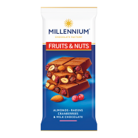 Шоколад Millennium Fruits&Nuts молочний з мигдалем, журавлиною та родзинками 90г. Склад: шоколад молочний [цукор, какао - масло, молоко незбиране сухе, какао терте, сироватка молочна суха, жир молочни