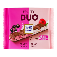 Шоколад Ritter Sport Duo Fruity молочний з начинкою з знежиреним йогуртом і чорною смородиною 218г. Склад: цукор, пальмовий жир, какао-масло, порошок знежиреного йогурту 8% (з молока), какао терте, мо