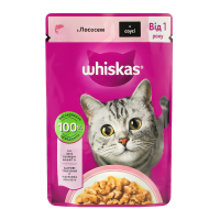 Корм вологий Whiskas для дорослих котів з лососем у соусі 85г. Склад: м`ясо та продукти тваринного походження (32%), риба та рибні субпродукти (включаючи 4% лосося в шматочках), злаки, продукти рослин