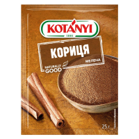 Кориця Kotányi мелена 25г. Склад: кориця мелена. Калорійність в 100г продукту: 202 ккал. Харчова (поживна) цінність у 100г продукту: Білки - 3г., Жири - 0.5г., Вуглеводи - 17г. Умови зберігання: збері