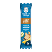 Батончик фруктово-злаковий Gerber Grain&Grow Банан та яблуко у вафельному листі для дітей від 12-ти місяців 25г. Склад: пластівці банану 38.3%, сік яблучний концентрований 37.3%, пластівці вівсяні 6%
