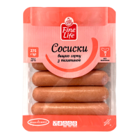 Сосиски з телятиною Fine Life 275г. Склад: сировина м’ясна 78,6 % (свинина знежилована нежирна, телятина знежилована вищого сорту 23,6 %, жир яловичий), вода питна, сіль кухонна, комплексна харчова до