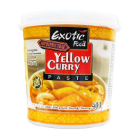 Паста Exotic food Yellow Curry 400г. Склад: соєва олія (27.03%) лемонграс (19.9%), сіль (12%), перець чилі (10.6%), цибуля шалот (8.15%), цукор (7%), куркума (5.85%), часник (4.7%), порошок карі (корі