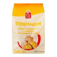 Пряники Fine Life Зі смаком банана заварні глазуровані з начинкою 300г. Склад: борошно пшеничне 1/г, сироп інвертний (цукор білий кристалічний, вода питна, регулятор кислотності Е330, піногасник Е500(