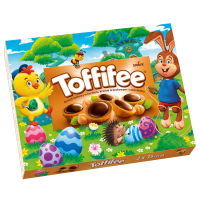 Цукерки Toffifee з лісовим горіхом в карамельній чашечці з горіховим кремом і шоколадом 250г. Склад: цукор, рослинні жири (пальмовий, дерева ши), лісові горіхи цільні, сироп глюкози, суха молочна сиро