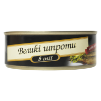 Шпроти Brīvais Vilnis великі в олії 240г. Склад: кілька або салака балтійська копчена (70%), олія рослинна (30%), сіль харчова. Калорійність в 100г продукту: 356 ккал. Харчова (поживна) цінність у 100