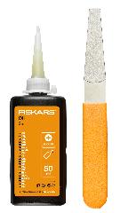 Комплект ухода за инвентарем Fiskars, алмазный напильник и смазочное масло.