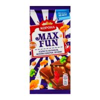 Шоколад Корона Max Fun Іскриста карамель-мармелад-печиво молочний 150г. Склад: шоколад молочний (цукор, какао терте, какао-масло, молоко сухе незбиране, сироватка суха молочна, жир молочний, молоко су
