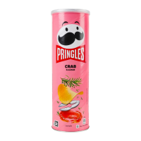 Чіпси картопляні Pringles зі смаком краба 165г. Склад: зневоднена картопля, соняшникова олія, кукурудзяне борошно, борошно пшеничне, приправа зі смаком краба (порошок молочної сироватка (молоко), аром