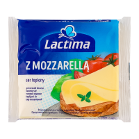Сир плавлений Lactima Z Mozzarella скибочки 36.2% 8*16.25г/уп. Енергетична цінність продукту: 1086кДж/100г, 261ккал/100г. Поживна (харчова) цінність продукту: білки - 21г/100г, жири - 17г/100г, насиче