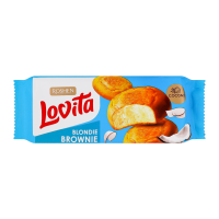 Печиво Roshen Lovita Blondie brownie здобне з кокосом 152г. Склад: борошно пшеничне, негідрогенізована пальмова олія, цукор, кокосова крихта сушена 10%, меланж яєчний, вологоутримуючий агент гліцерин,