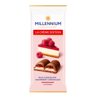 Шоколад Millennium La Creme Edition молочний з кремовою та малиновою начинками 100г. Склад: шоколад молочний [цукор, какао-масло, молоко незбиране сухе, какао терте, молоко знежирене сухе, сироватка м
