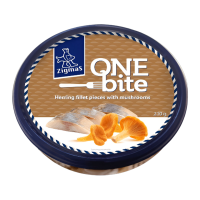 Філе оселедця One Bite атлантичного слабосолоне без шкіри, з лисичками та цибулею в олії 210г. Пресерви рибні. *Наукова назва: Clupea harengus, виловлено в природному середовищі, район промислу: Півні