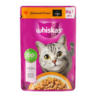 Корм вологий Whiskas для дорослих котів з домашньою птицею в соусі 85г. Склад: м`ясо та продукти тваринного походження (36%, включаючи 4% м`яса птиці в шматочках), злаки, продукти рослинного походженн