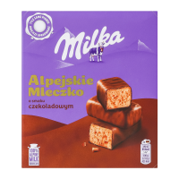 Цукерки Milka Alpejskie mleczko глазуровані молочним шоколадом зі збивним корпусом зі смаком шоколаду 330г. Склад: цукор, сироп глюкозний, молоко відновлене знежирене, какао терте, жири рослинні (паль