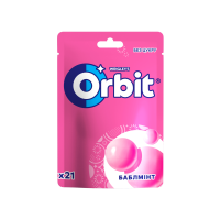 Orbit «Баблмінт». Жувальна гумка без цукру з підсолоджувачами з фруктовим та м’ятним ароматом. Склад: підсоложувач ксиліт Е967, підсоложувач сорбіт Е420, гумова основа, бірвник Е170, загущувач Е414, е