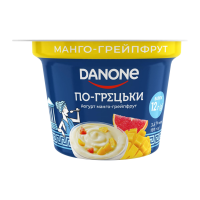 Йогурт Danone По-грецьки Манго-грейпфрут з наповнювачем 3.5% 150г. Склад: молоко нормалізоване, наповнювач Манго-грейпфрут» 12% (цукор, манго 18.8%, вода питна, загущувач крохмаль, сік маракуї концент