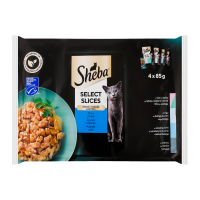 Набір кормів консервованих Sheba Select slices з лососем, білою рибою, тріскою в соусі для дорослих котів 4*85г/уп. Склад: з лососем та сайдою в соусі: м`ясо та продукти тваринного походження (93% нат