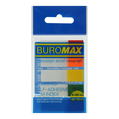 Закладки пластикові ПОЛОВИНКИ, NEON, з клейким шаром, 45x12 мм, 5 кільк. по 20 арк.